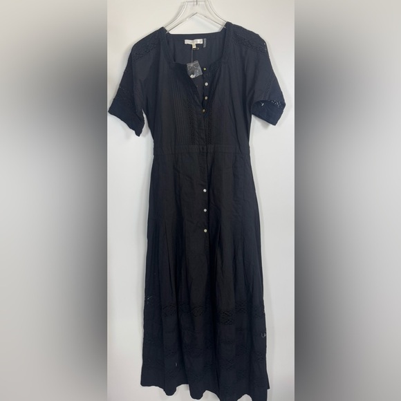 LOVE SHACK FANCY Black Edie Cotton Poplin Lace Button-Down Shirt Dress S B1670 - Picture 5 of 7